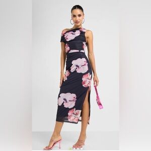 Commense One Shoulder Floral Dress - Black and Pink